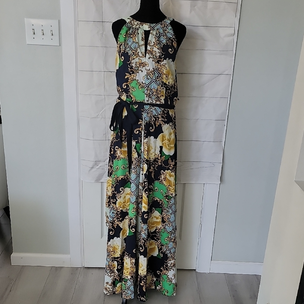 New York & Company Sleeveless Printed Maxi Dress in Black, Green & Yellow